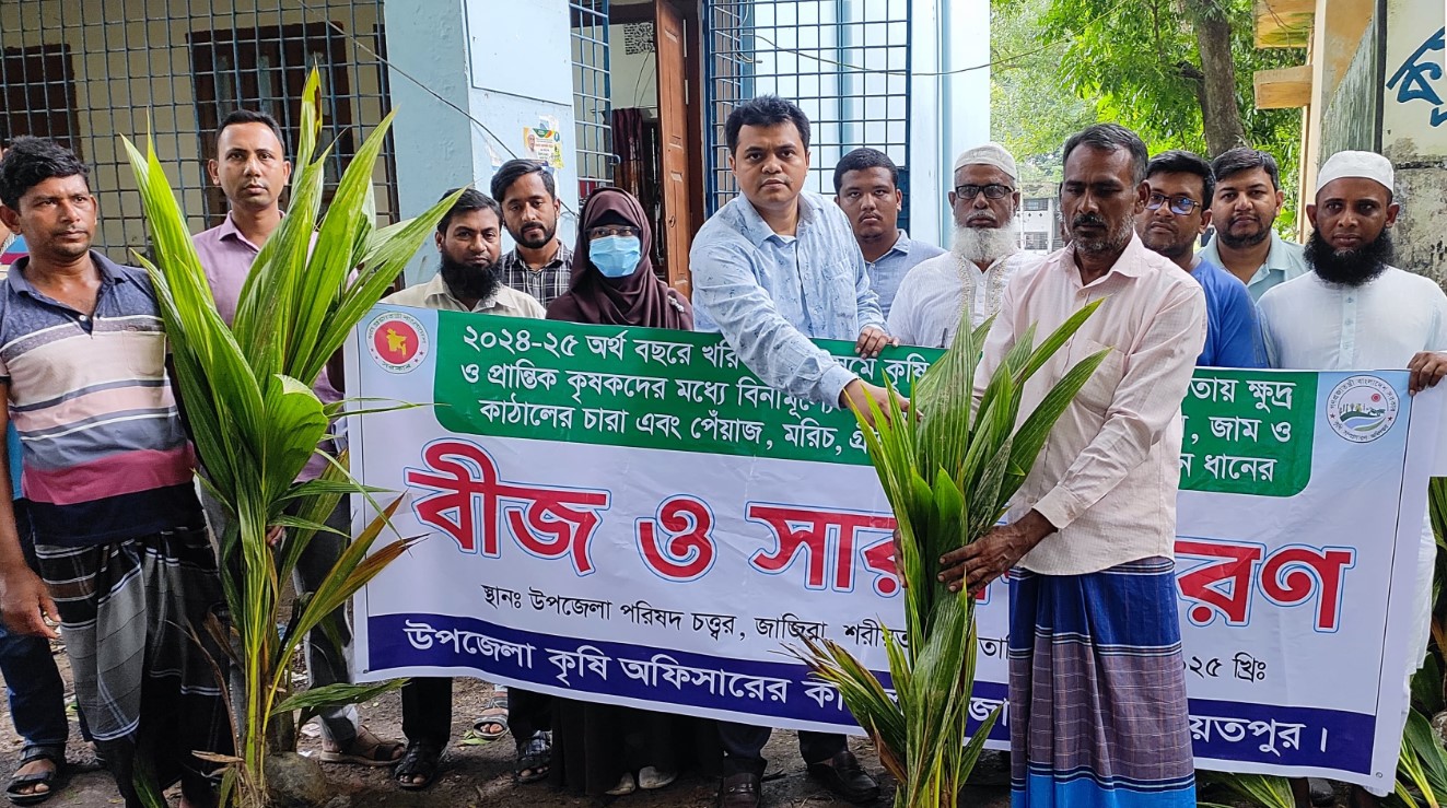 জাজিরায় কৃষকদের মাঝে বিনামূল্যে নারিকেল গাছের চারা বিতরণ